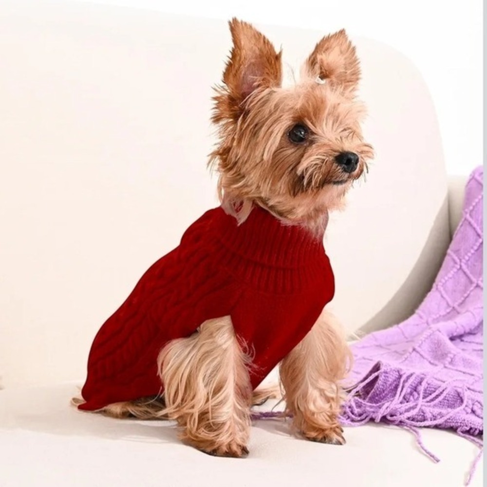 Dog Cable‎ Knit Turtleneck Sweater Small Pet Winter Pullover Red